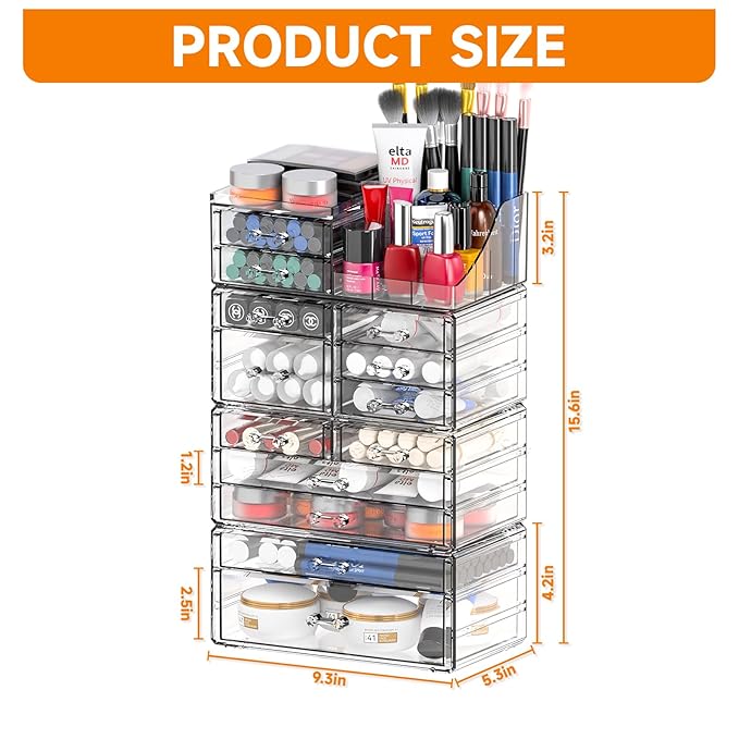 Cq acrylic 4 Pack Clear Makeup Organizer for Counter,13 Drawers Stackable Skincare Organizer,Large Cosmetic Storage Organizer for Jewelry,Hair Accessory,Beauty,Skin Care,Vanity Organizers and Storage