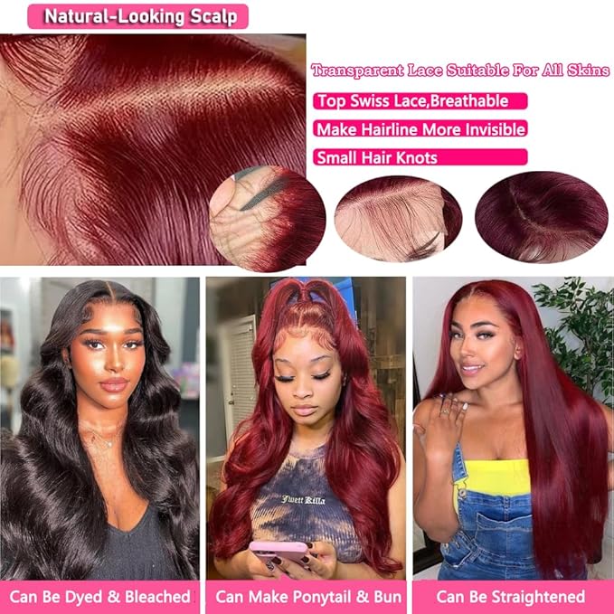 99j Burgundy Lace Front Wigs Human Hair 200% Density 13x6 Body Wave Lace Front Wigs Human Hair Pre Plucked Glueless Red Wig Wine Red Lace Front Wigs Human Hair Wigs for Women 13x6 Frontal Wig 32 Inch