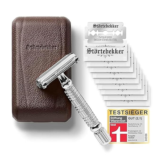 Störtebekker® Premium Men's Safety Razor ‘Hamburg’ - incl. handmade leather case with built-in mirror, 10 Störtebekker blades & shaving guide - First Class Wet Razor shaving set - Gift Idea for Men