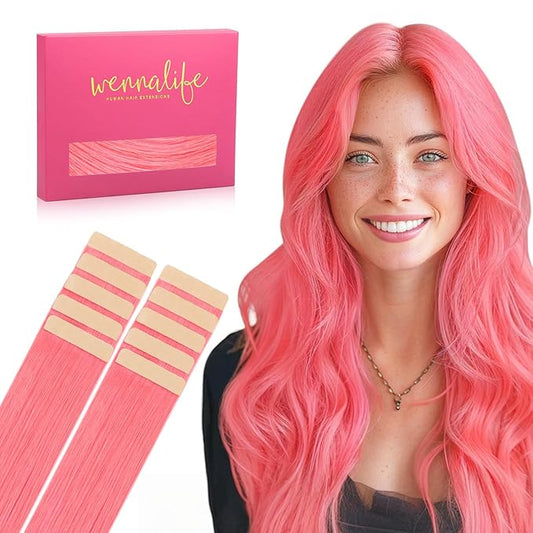 WENNALIFE Tape in Hair Extensions Human Hair Light Pink Tape in Extensions, 10pcs 25g 14 inch Remy Invisible Tape Ins Straight Colored Soft Real Human Hair Tape in Extensions Refill Set Extensions