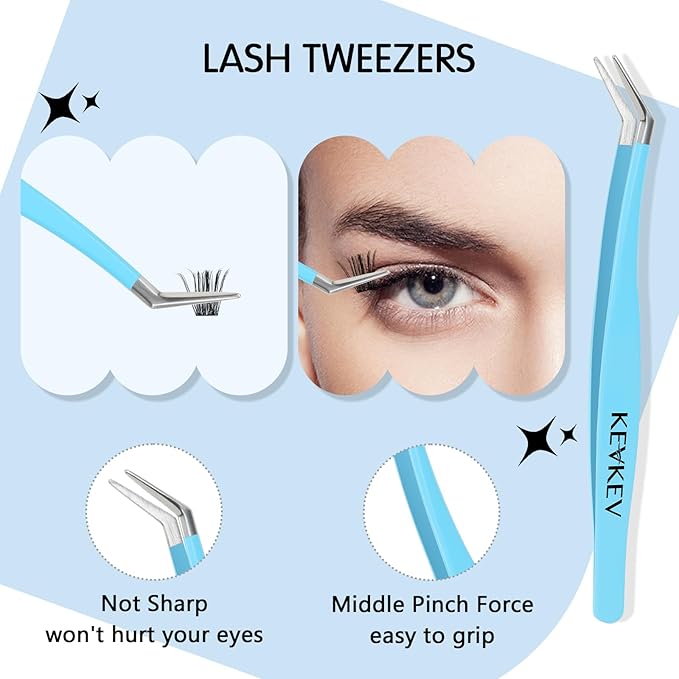KevKev Lash Tweezers & Applicator Set - 3 in 1 Lash Extension Tool with Brush for False Lashes