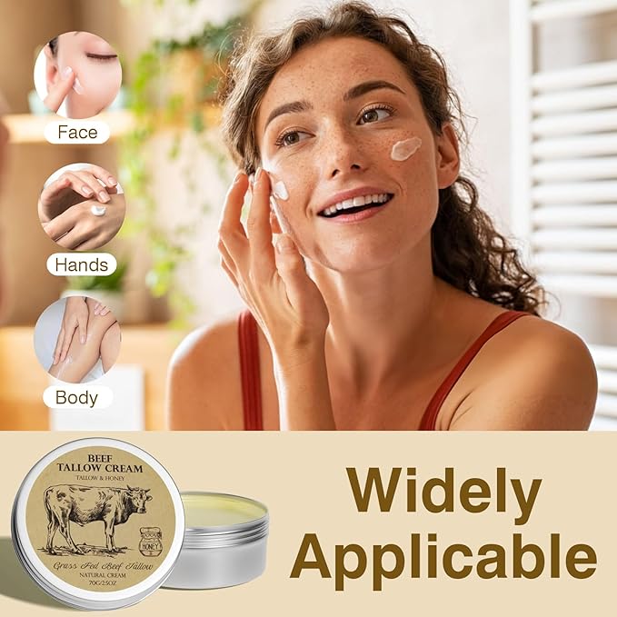 Beef Tallow for Skin, Tallow and Honey Cream,Tallow Face Moisturizer, Natural Organic Grass-Fed Beef Tallow Balm with Raw Honey Moisturizing Cream for Body Lotion Skin Care for Sensitive Skin 2 Packs