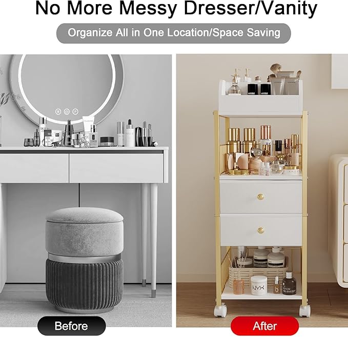 Floor Makeup Organizer Cart, Large Skincare organizers, Makeup Stand with Drawers, Makeup Vanity Organizer Cosmetics Display Cases Holder for Skin Care Nail Polish Perfume Makeup Brush (Gold)