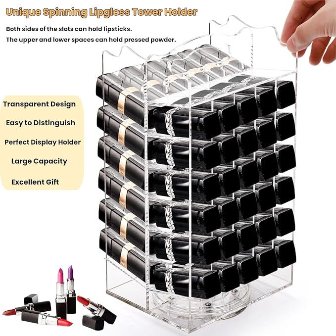 64 Slots Rotating Lipstick Organizer, Acrylic Spinning Lipgloss Tower Holder, Clear Rotable Lip Gloss Organizer Case, Lip Stick Display Rack Stand, Cosmetic Makeup Accessories for Lip Balm