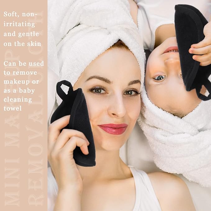 Queekay 48 Pcs Makeup Remover Cloths Reusable Washable Remover Pads Soft Microfiber Washcloths Facial Cloths Makeup Towels Holiday Gift for Women, 5 x 5 Inch(Black)