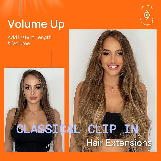 Full Shine 24 Inch Human Hair Extensions Clip ins Brown Balayage Clip in Hair Extensions for Long Hair Medium Brown Mix Honey Blonde Hair Clip in Extensions Natural Remy Hair 7 Pcs 120 G