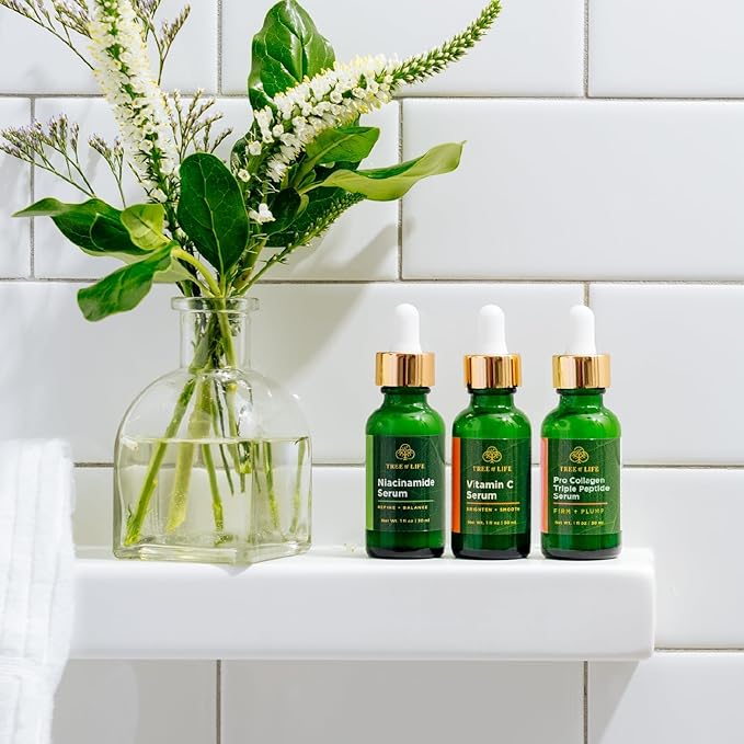 Tree of Life Beauty Skin Care Set, Brightening, Firming, Dry Face, Dermatologist Tested - Complete Hydration Trio, Vitamin C Serum, Niacinamide Serum, Pro Collagen Peptide Serum, 3 count of 1Fl oz