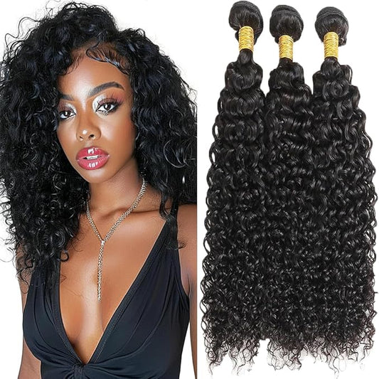 Water Curly Weave Human Hair Bundles Water Wave Bundles Hair Natural Color Double Weft Brazilian Human Hair Weave Extensions Soft and Silky for Black Women 22 24 26 Inch