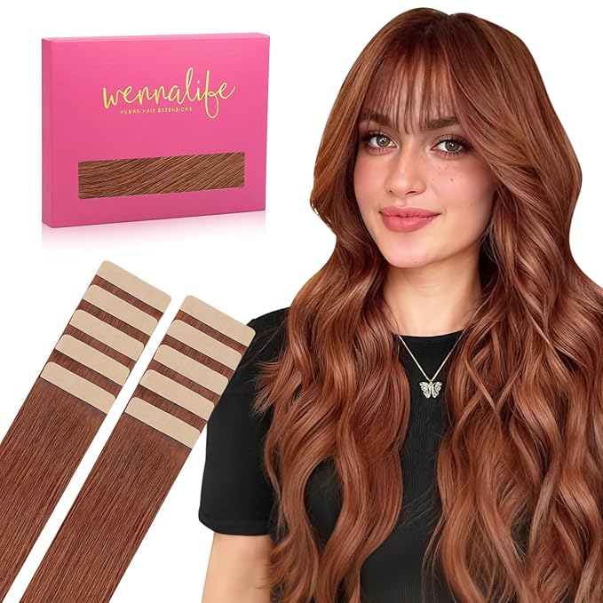 WENNALIFE Tape in Hair Extensions Human Hair Dark Auburn Copper Tape in Extensions, 10pcs 20g 12 inch Remy Invisible Tape Ins Straight Colored Soft Real Human Hair Tape in Extensions Refill Set Extens