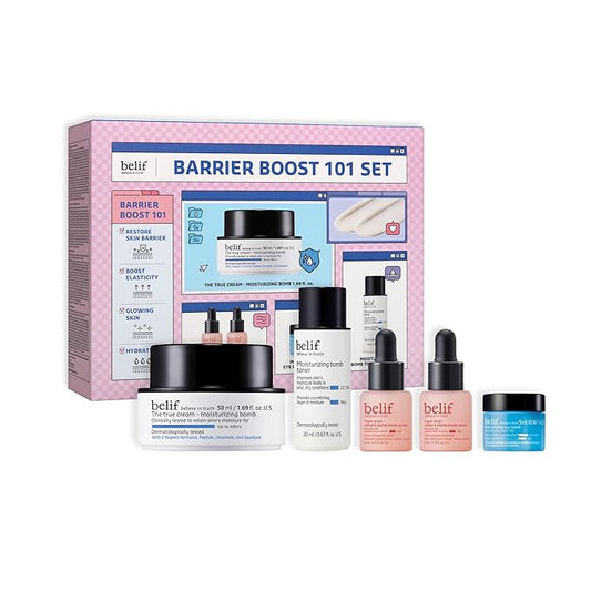 belif Barrier Boost 101 Limited Edition Set: Full Size Moisturing Bomb 50ml & Deluxe Size Moisturizing Bomb Toner, 2x Retinol & Peptide Barrier Serum, Moisturizing Eye Bomb, 5 Piece Kit