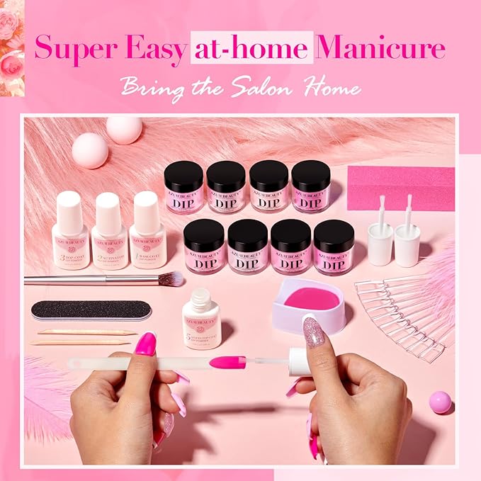 AZUREBEAUTY Dip Powder Nail Starter Kit with Matte Coat, 8 Hot Pink Glitter Neon Summer Color, Dipping Powder Liquid Set with Base/Top Coat/ Activator/10 Nail Sticks Salon at Home