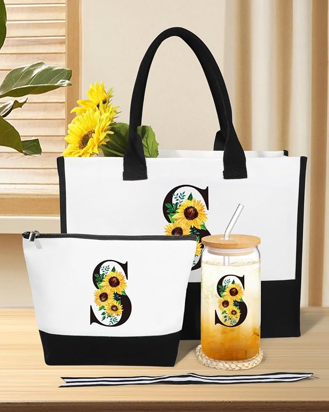 Personalized Sunflower Birthday Gifts for Women - Monogrammed Canvas Tote Bag, Makeup Bag & Glass Cup Set