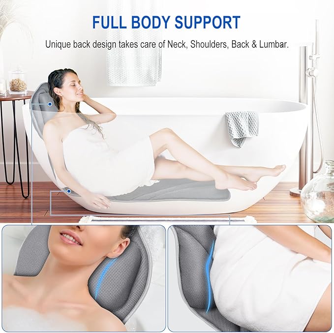 Full Body Bath Pillow for Bathtub, Luxury Bath Gifts for Women Thick Bathtub Cushion for Soaking Tub with Laundry Bag, Bathtub Pillow Luxury Bathtub Pillows for Head,Neck & Back,Spa (Light Grey)