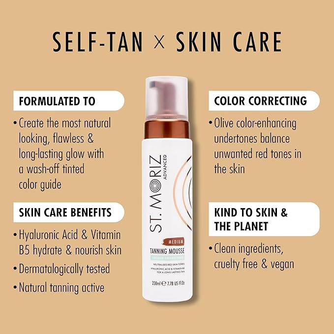 St Moriz Advanced Colour Correcting Tanning Mousse in Medium | With Hyaluronic Acid, Vitamin B5 & Advanced Skin Care Benefits | Neutralises Red Tones | Fast-Drying Vegan Fake Tan Mousse | 200ml
