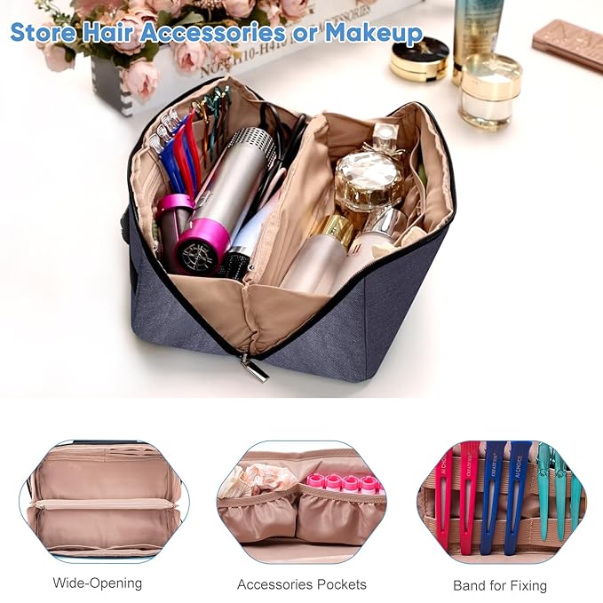 Large Travel Bag - 2in1 Hair Tools Organizer for Dryer Brush, Flat Irons, Straighteners, Curling Irons, Makeup Bag for Travel Essentials