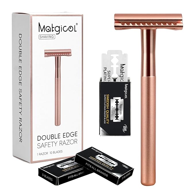 Premium Rose Gold Safety Razor – Swedish Steel Blades, Solid Copper Long Handle, Luxury Shaving Gift for Men & Women