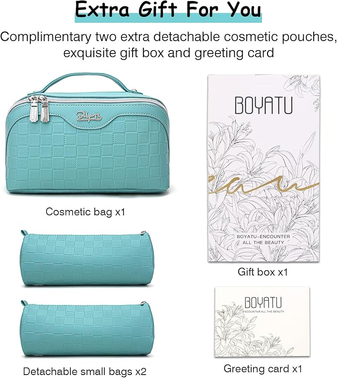 Travel Makeup Bag Organizer Cosmetic Bag: 3 Pcs Set Make up Bags for Women with Handle - Waterproof Vegan Leather Toiletry Bags with Comparments (Blue)