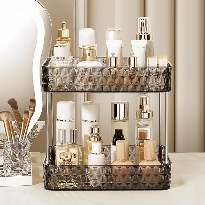 Makeup Organizer for Vanity, High-Capacity Clear Makeup Storage Perfume Organizers,Cosmetic Display Cases,Bathroom Countertop Organizer (Crystal Black, 2Tier)