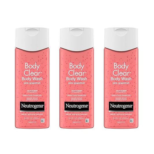 Neutrogena Body Clear Acne Treatment Body Wash with Salicylic Acid Acne Medicine, Pink Grapefruit Body Acne Cleanser to Prevent Breakouts on Back, Chest & Shoulders, 8.5 fl. oz, 3 Pack