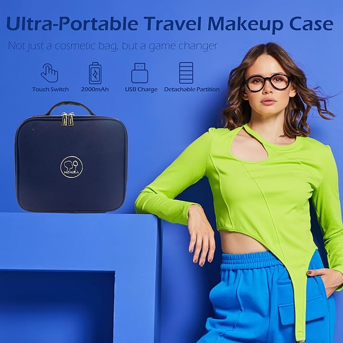 MOMIRA Travel Makeup Bag Cosmetic Bag Makeup Organizer Bag with Lighted Mirror, Adjustable Brightness in 3 Color Scenarios, Waterproof Makeup Train Case, Gift for Women - Royal Blue