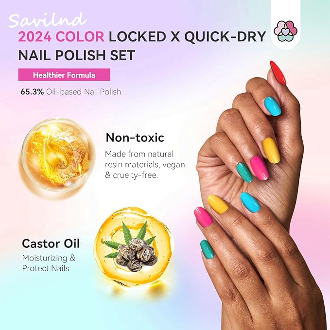 SAVILAND Nail Polish Set Fingernail Air-Dry: 36pcs Rainbow Colors Nail Polish Kit Glitter Regular Toenail Nail Polish with Base Top Polish Coat Nail Lacquer Acrylic Nail Set for Beginner Home DIY