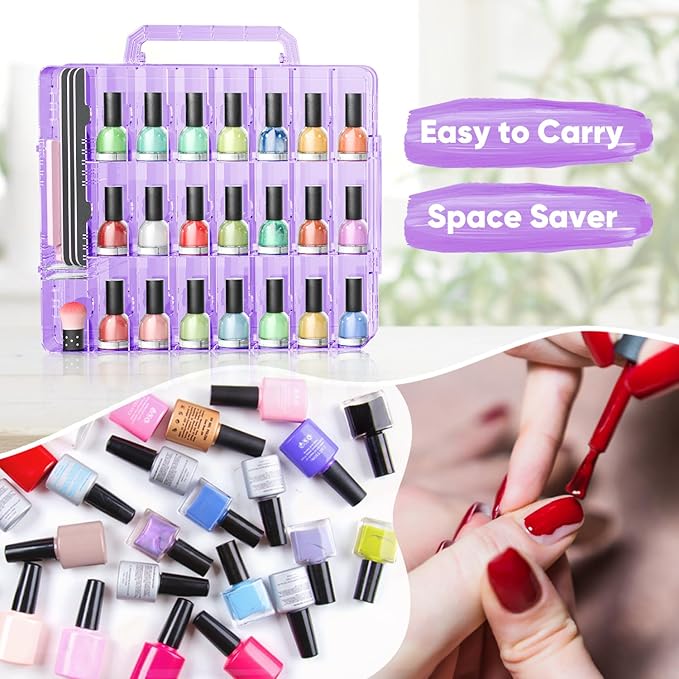 JIASHENG Nail Polish Organizer Case Holders, 48 Bottles Universal Nail Storage Box for Double Side Adjustable Space Divider for Acrylic Nail Gel Dip Powder Tips Set with Toe Separator, Purple