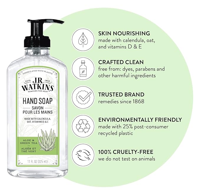 J.R. Watkins Gel Hand Soap, Scented Liquid Hand Wash for Bathroom or?Kitchen, USA Made and Cruelty Free, 11 fl oz, Aloe & Green Tea, 6 Pack