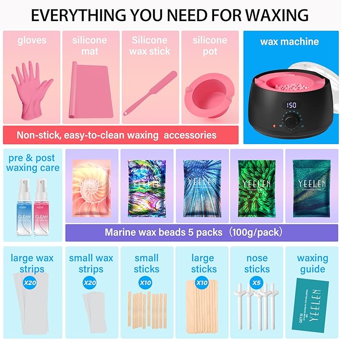 Complete Home Waxing Kit for Women: Face Brazilian Eyebrow Bikini Leg & Sensitive Skin - with 5 Packs Hard Wax Beads Digital Wax Warmer for Hair Removal