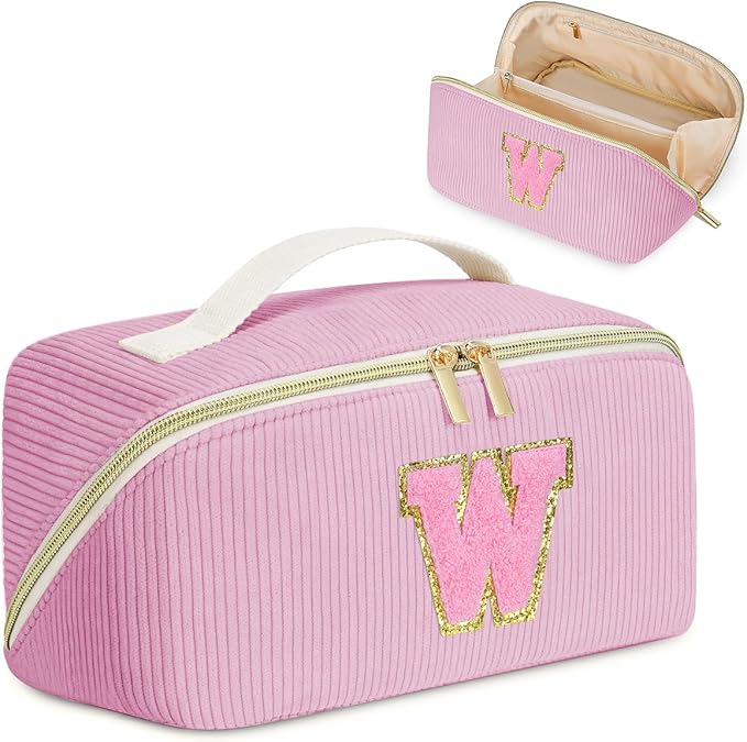 Gifts for Girls, Initial Travel Makeup Bag Women's Day Gift Make up Bag Cosmetic Bags Monther's Day Gifts, Personalized Stuff Bag Cute Makeup Bag Birthday Gifts for Women/Friend/Mother Pink - W