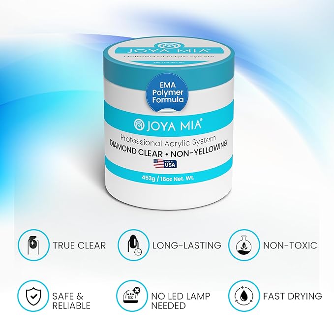 Joya Mia Acrylic Powder for Nails, MMA-Free, Super Adhesion Professional Powder for Flawless & Long-Lasting Nail Enhancements, Easy Application, Vibrant & Stunning Colors - Diamond Clear, 5 lbs