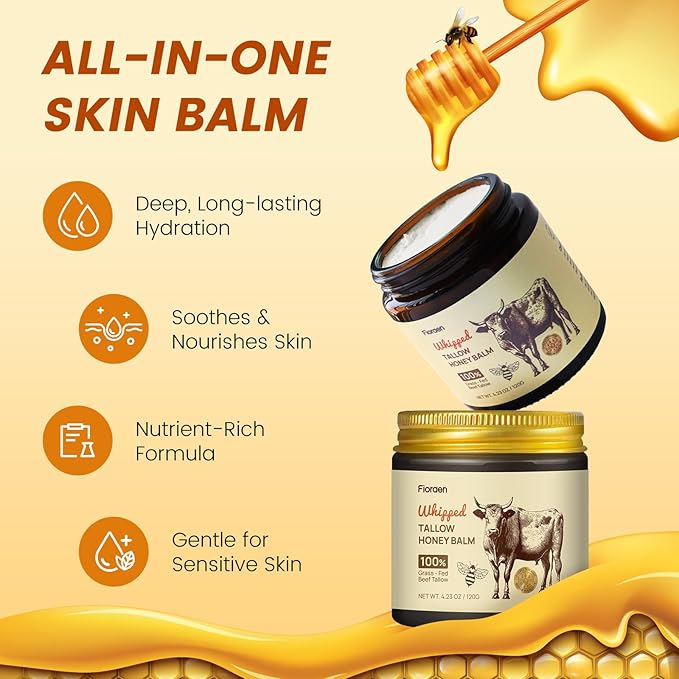 Beef Tallow for Skin 4oz, Whipped Beef Tallow and Manuka Honey Balm, Beef Tallow for Face and Body, Unscented Skin Care for Dry and Sensitive Skin, Natural Tallow Balm for Hydration and Nourishment