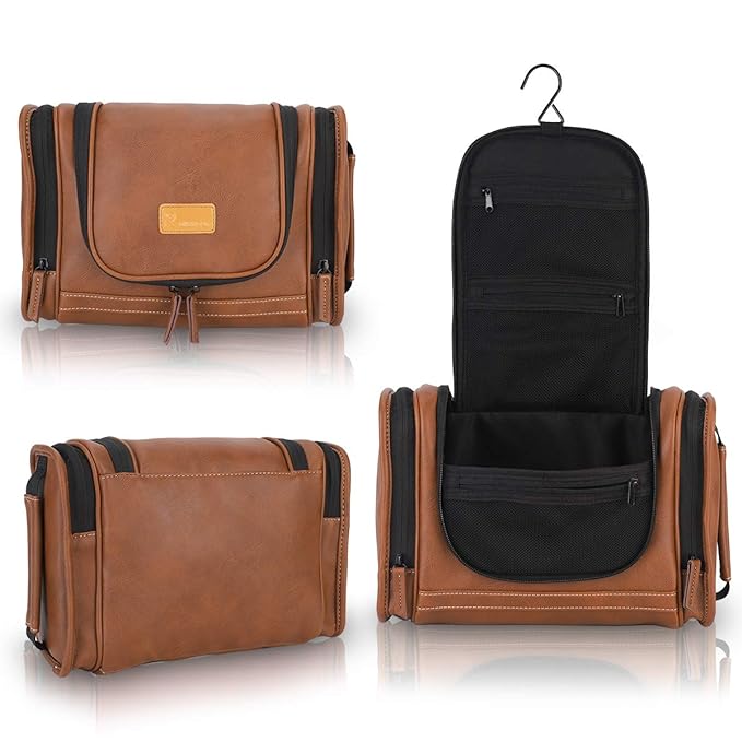 MIRASON Hanging Toiletry Bag for Men Dopp Kit Waterproof Travel Organizer Bag with Sturdy Metal Hook and Handle for Bathroom Shower Cosmetics Camping Brushes Shaving (Brown)