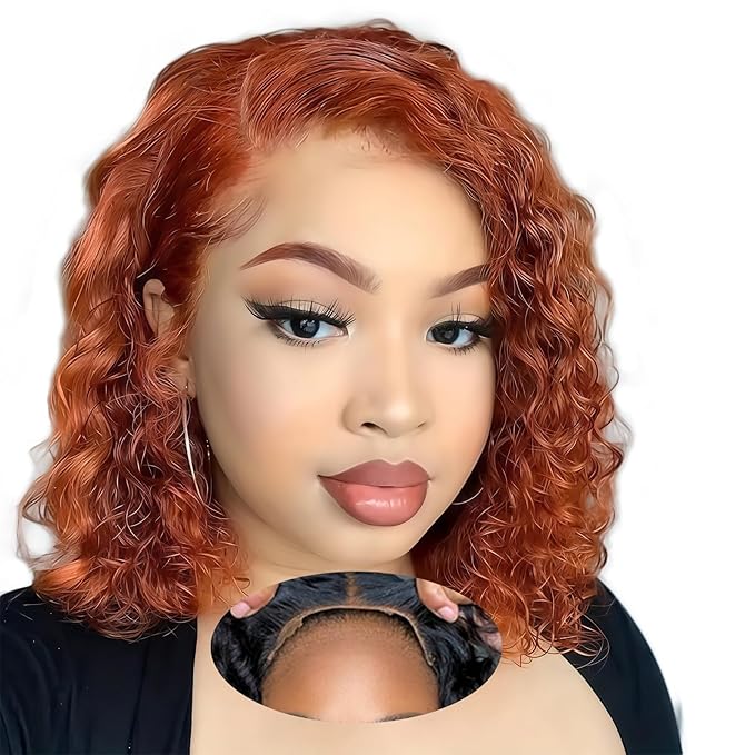 5×5 Closure Bob Wig Human Hair Glueless Wigs Human Hair Pre Plucked Pre Cut Short Curly Wig Water Wave Middle Part 350# Ginger for Women Wigs for Black Women 12Inch