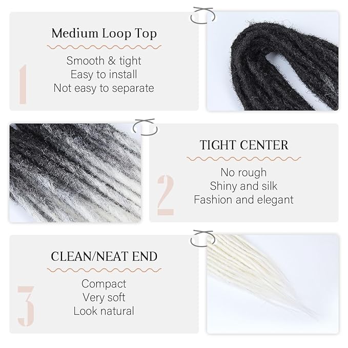 24 In Double Ended Dreadlock Extensions, Gray to White 10 Strands Thin 0.6cm Width Synthetic DE Dreads Extensions, 100% Handmade Dreads Hippie Style Dreadlocks for Woman