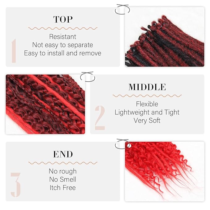 24 Inch 30 Strands SE Dreadlock Extensions Sets，3 In 1 Mixed Synthetic Dreads Extensions, Ombre Deep red Straight&Curly&Boho Handmade Dreads Hippie Style Dreadlocks for Woman