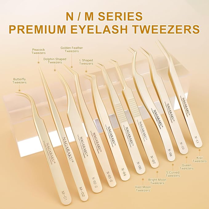 NAGARAKU Tweezers for Eyelash Extensions Curved Lash Tweezers Precision Pinzas Professional Easy Fanning Stainless Steel Precise Long Tip Pointy Make Fans for Lashes Isolation (N-11)