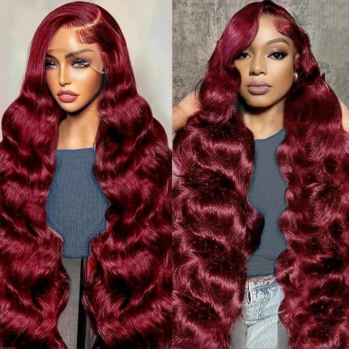 99J Burgundy Lace Front Wigs Human Hair 26 Inch 13x4 Body Wave Human Hair Wig Pre Plucked Glueless Wine Red Wig HD Lace Frontal Wigs 180 Density for Women