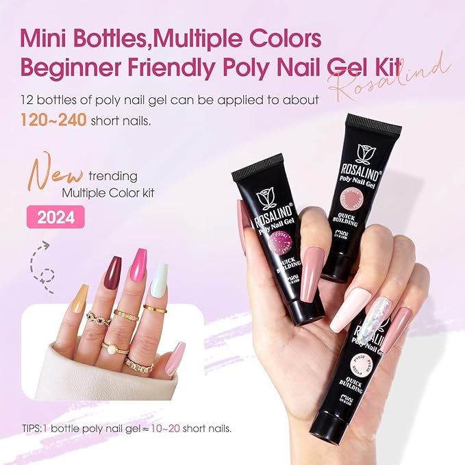 ROSALIND Poly Nail Gel Colors Kit -14 Colors +72 Nail Art Accessories kit Glitter Poly Nails Gel Kit Starter Kit with Mini UV Lamp Slip Solution Nude Pink Poly Nail Art for Beginners with Everything