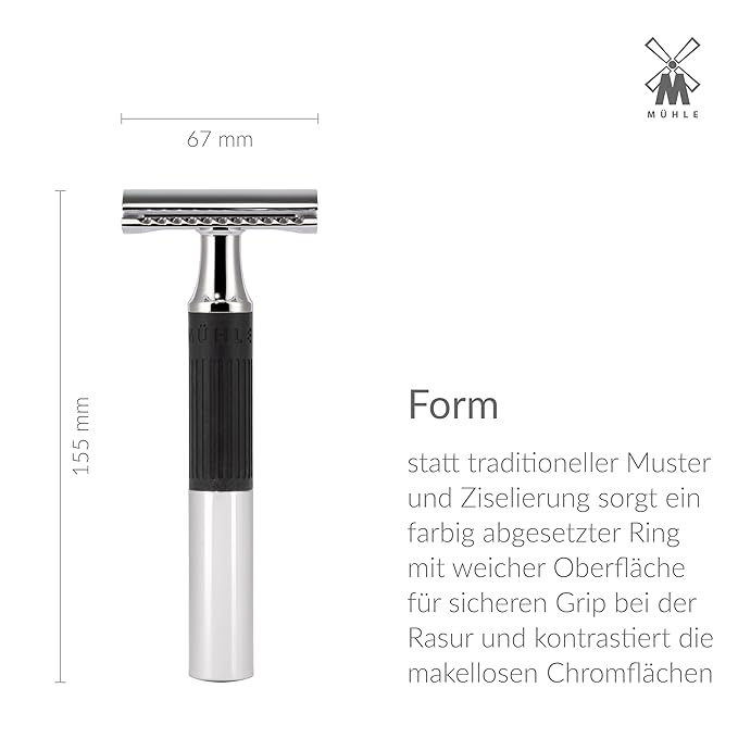 MÜHLE NEO safety razor|double edge safety razor for beginners and experienced shavers|sustainable eco-friendly and reusable|for men and women|chrome with black silicone grip handle