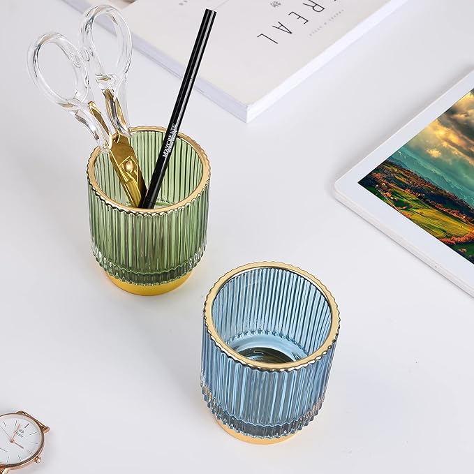 CANITORON Makeup Brush Holder,Glass Makeup Brush Holder Organizer Store Cosmetic Tools,Eyeliner,Storage Organizer for Vanity,Bathroom Countertop Organize and Bedroom Countertop Storage.(Blue L)