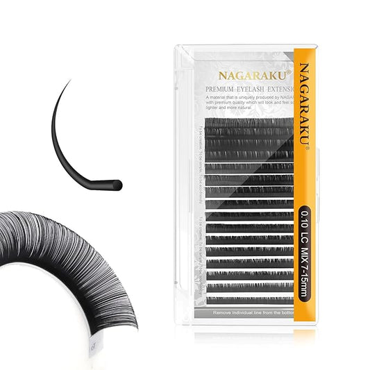 NAGARAKU Eyelash Extensions Individual Lashes 0.10 LC curl 7-15mm Mix Classic Faux Mink 16 rows Matte Black Soft Natural