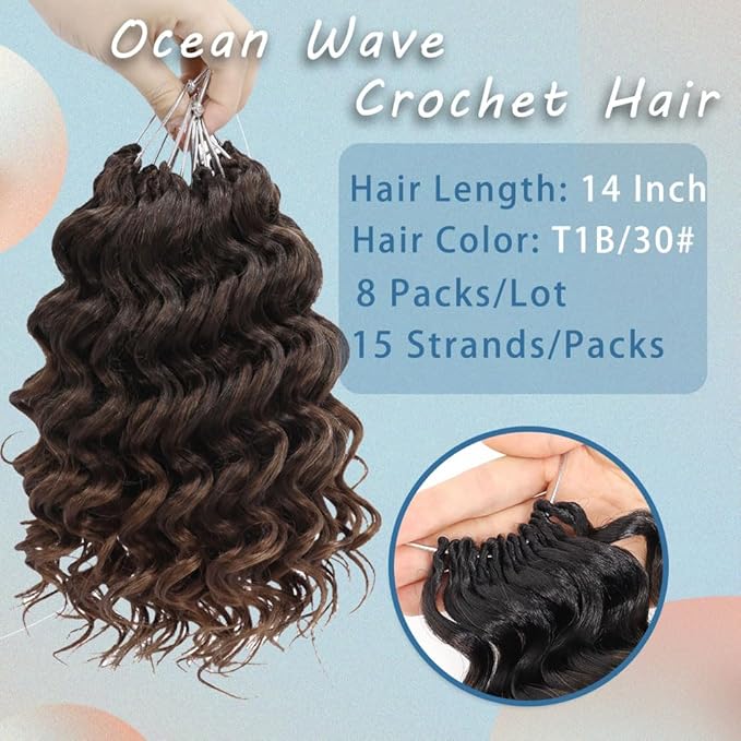 8 Packs Ocean Wave Crochet Hair Water Wave Crochet Braids for Women 14 Inch Short Curly Crochet Hair Beach Curl Deep Twist Crochet Braids Synthetic Braiding Hair Extensions (14 Inch, T1B/30#)
