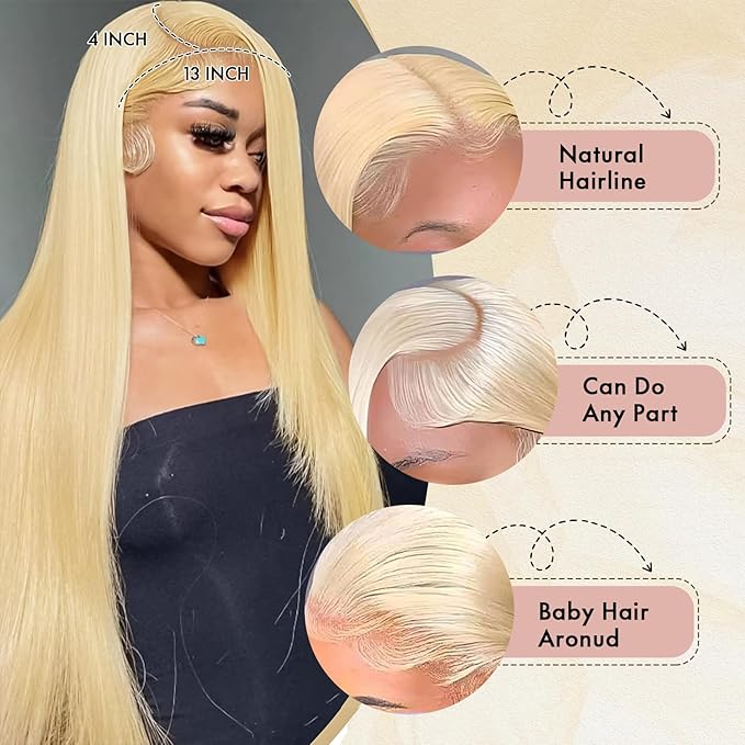 613 Lace Front Wig Human Hair Blonde 42 Inch 13x4 Straight 200 Density Pre-Plucked HD Lace Frontal Wig with Baby Hair (Natural Hairline for Women)