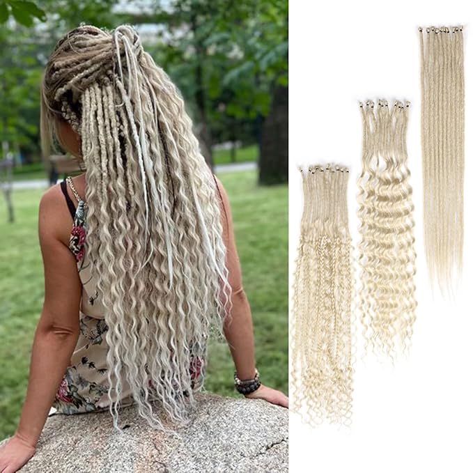 24 Inch 30 Strands SE Dreadlock Extensions Sets，3 In 1 Mixed Synthetic Dreads Extensions, 613 Blonde Straight&Curly&Boho Handmade Dreads Hippie Style Dreadlocks for Woman