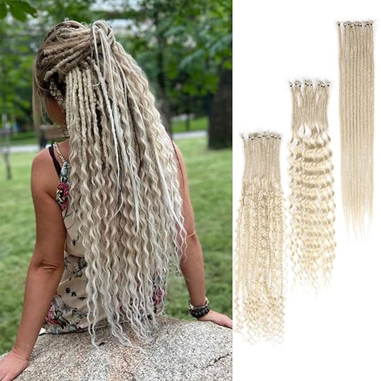 24 Inch 30 Strands SE Dreadlock Extensions Sets，3 In 1 Mixed Synthetic Dreads Extensions, 613 Blonde Straight&Curly&Boho Handmade Dreads Hippie Style Dreadlocks for Woman