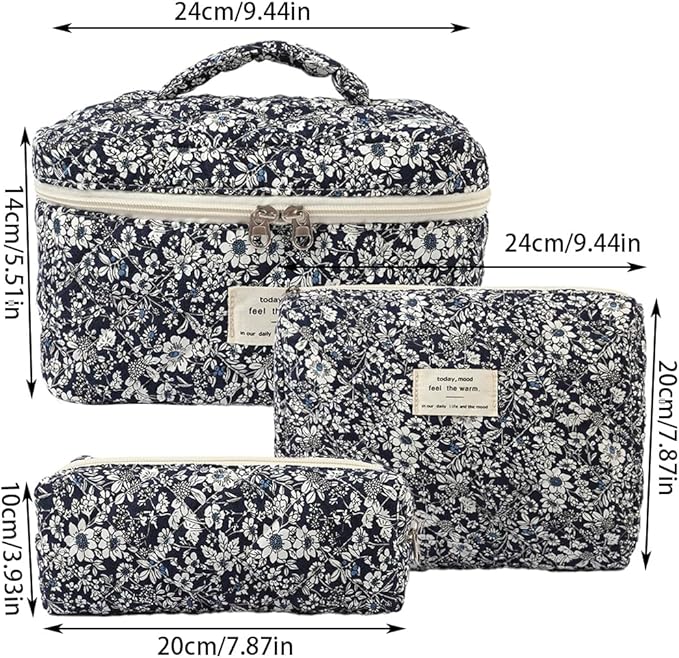 Makeup Bag, 3 PCS Quilted Makeup Bag, Cute Floral Cotton Cosmetic Bag set, Coquette Makeup Pouch Large Travel Toiletry Bag