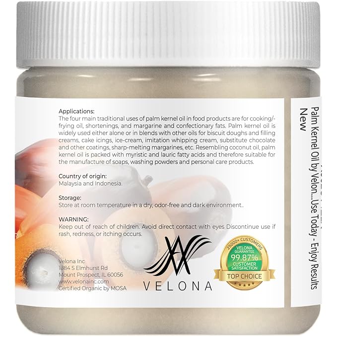 velona USDA Certified Organic Palm Kernel Oil - 4 Fl Oz | 100% Pure and Natural Carrier Oil | Refined, Cold Pressed | Face, Hair, Body & Skin Care