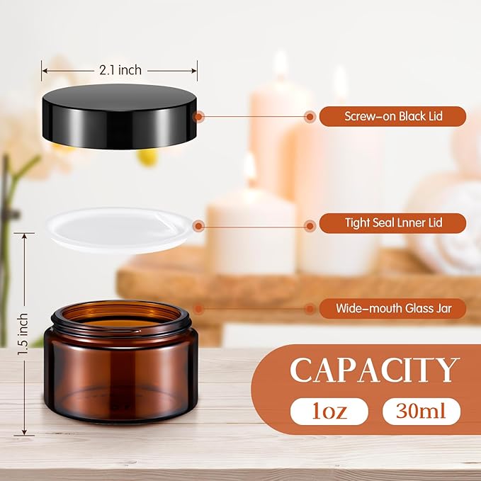 Domensi 60 Pcs 1oz Glass Jars with Lids Bulk Salve Tins Small Glass Candle Cosmetic Jars for Travel with Inner Liners Containers for Lotions Sample Cream(Amber, Black Lid)