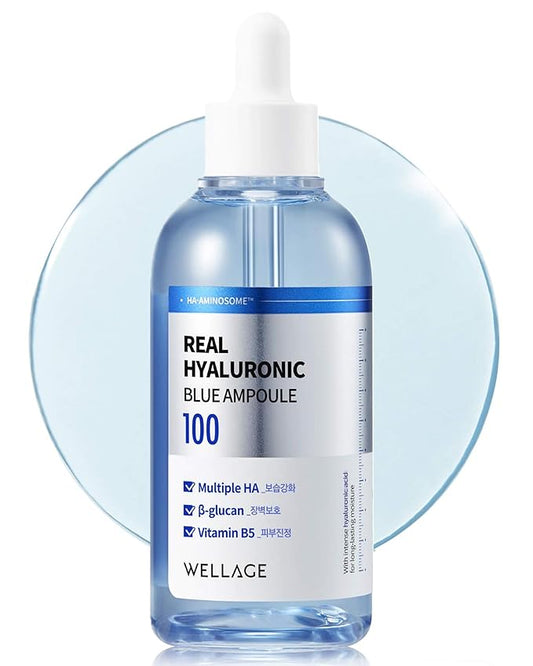 WELLAGE Real Hyaluronic Blue Ampoule 100, Korean Serum, Fragrance Free Hyaluronic Acid Ampoule with Panthenol, Wild yam, Centella for Sensitive Dry Skin Moisturizer 2.54 fl.oz