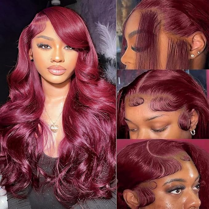 99J Burgundy Lace Front Wigs Human Hair Body Wave 180 Density HD Transparent Lace Frontal Wig for Black Women Glueless Burgundy 13x4 Lace Front Wig Pre Plucked with Baby Hair 24Inch